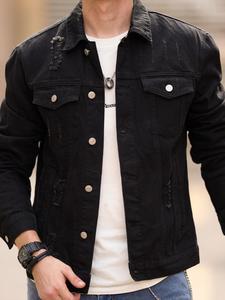 Men's Solid Color Denim Jacket, Casual Fashion Ripped Jacket for Daily Wear, Men's Clothes for All Seasons, Coats, Cotton