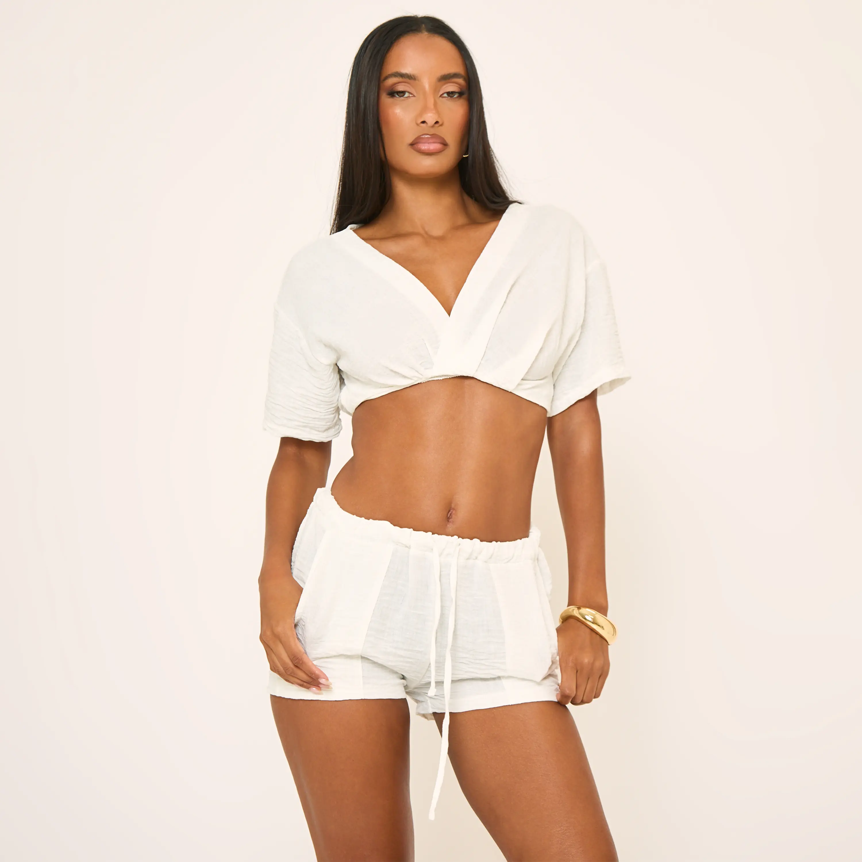 Drawstring Waist Shorts In White Linen