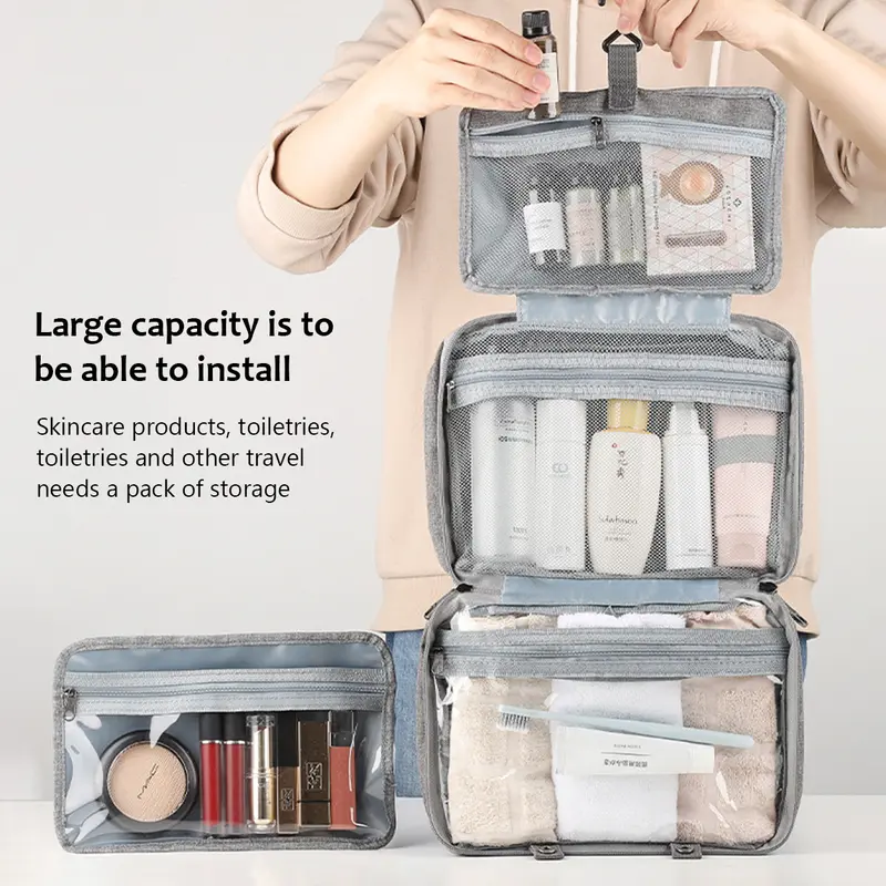 Travel Toiletry Bag, Large Hanging Makeup Bag Organizer for Women, Transparent Travel Cosmetic Bag with Hanging Hook for Full Size Bottles, Vacation Essentials, Medium 7