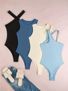 Women's Solid Color Bodysuit, Casual Slim Sleeveless Bodysuit for Beach Holiday Vacation, Garment, Ladies Skinny Clothes for All Seasons, Womenswear, Basic Bodybodysuit