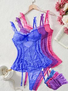 Women's Floral Lace Sheer Sexy Lingerie Set, Bow Decor Cut Out Ruffle Hem Lingerie Top & Thong & Stockings Set, Women's Romantic Nightwear for All Seasons, Lingerie Set