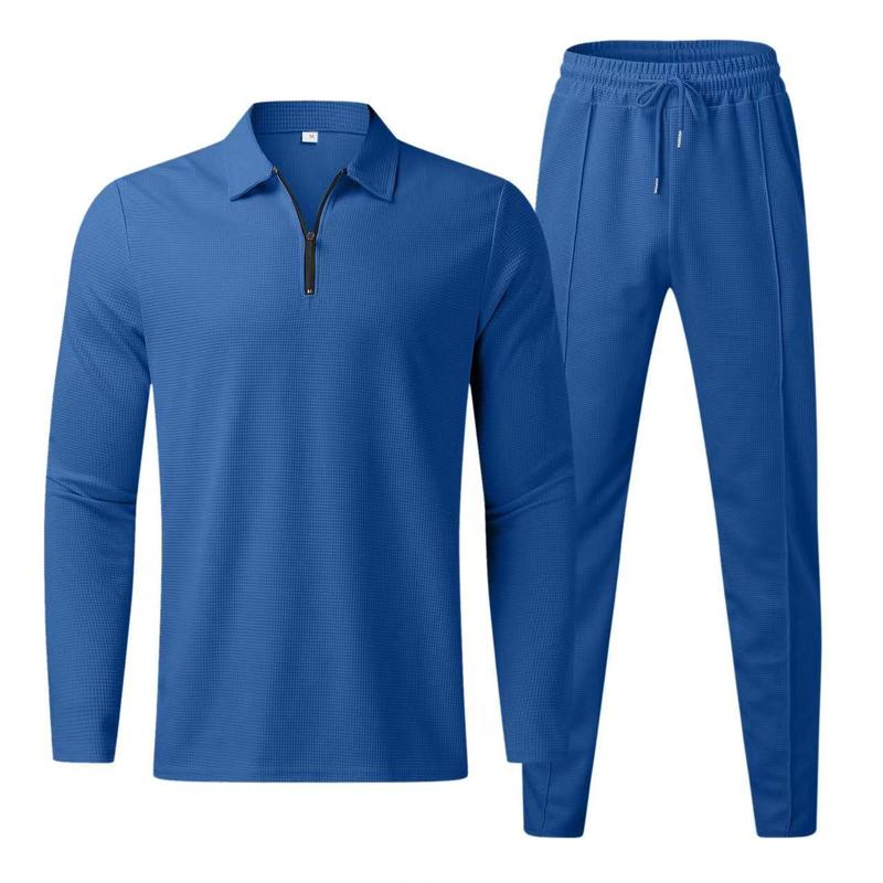 Product Introduction of Men's Solid Zipper Polo Shirt & Drawstring Waist Pants Set, Regular Fit Casual Long Sleeve Collared Top & Trousers, Men's Spring & Fall Clothes. Regular Fit Casual Long Sleeve Top & Trousers, Men's Clothes for Daily Wear, Polo Tracksuits Men. 2025 Trendy 8
