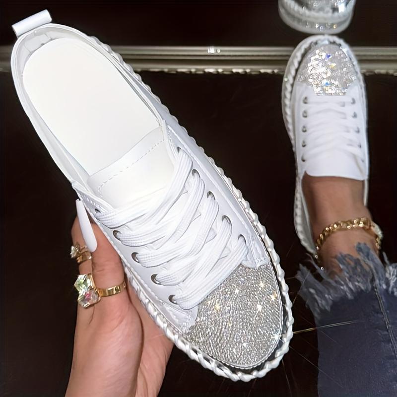 Glittering Rhinestone Women's Sneakers, Fashionable Platform Casual Shoes, Comfortable Versatile White Lace-up Flats Plus Size Footwear Girl 4