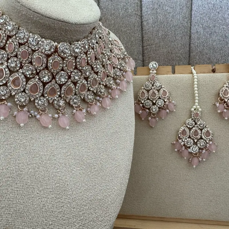 Crystal and Nude Pink 3 piece Indian Pakistani Jewellery Set 3
