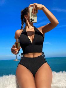Two-piece Set Women's Solid Color Bikini Set, Casual Fashion Chic Swimsuit Set, Ladies Swimwear for Beach Holiday Vacation, Tankini Swimsuits Women