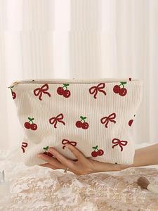 Cherry & Bow Pattern Makeup Bag, Lightweight Multi-functional Fashion Makeup Bag, Casual Travel Makeup Bag, Suitable for Leisure Travel and Various Occasions, Cute Clutch