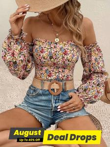 Women's Ditsy Floral Print Frill Shirred Off Shoulder Crop Blouse, Boho Flounce Sleeve Crop Top For Spring & Fall, Women's Clothes For Daily Vacation Outdoor