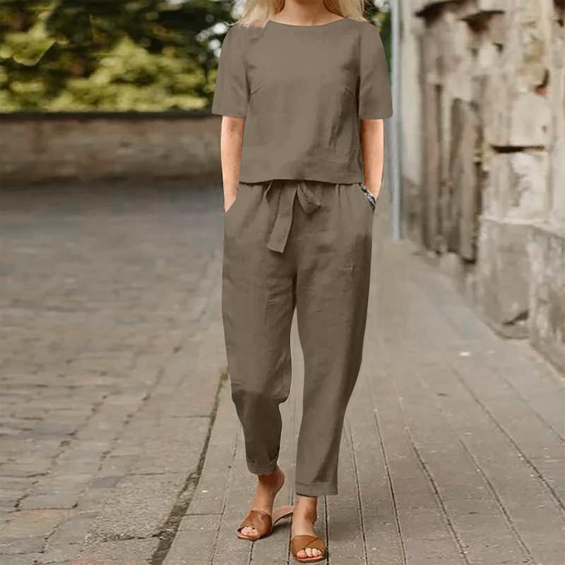 Women's Pullover Shirt And Pants Two-piece Set 2025 Women's Cotton And Linen Summer Suit Short Sleeved O-neck Outfit Pants 8