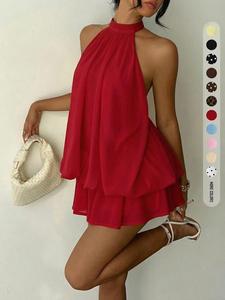 French Halter Neck Sleeveless Dress, Elegant Chic Backless Double Layered Skirt, Slimming Short Dress, Boho Style All over Print, Womenswear