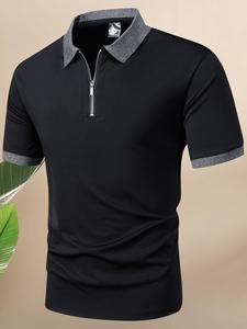 Men's Regular Fit Contrast Binding Shortsleeve Zipper Polo Shirt, Men's Summer Clothes, Comfort Basic Menswear, Casual Soft Comfy Short Sleeve Top for Summer, Men's Top for Outdoor Travel Golf