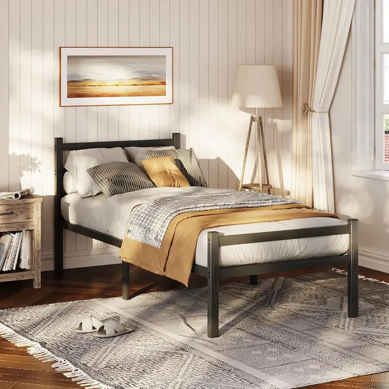 4ft6 Double Bed Frame with Headboard, Black Metal Bed Frame with Storage, Double Bed for Adults, Heavy Duty Platform Bed Frame, No Box Spring Needed 3