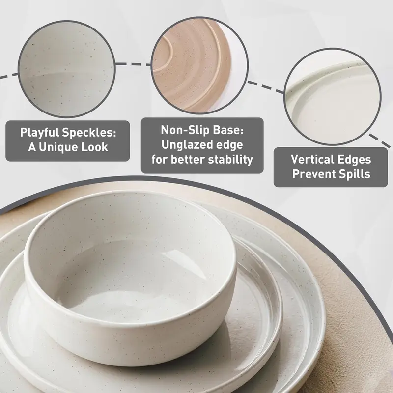 Richmount Milkyway Plates and Bowls Set, 12 Piece Dinner Set, Speckled Stoneware Dinner Set for 4, Chip and Scratch Resistant Dinnerware Sets, Dishwasher & Microwave Safe, White Cutlery Tableware 4