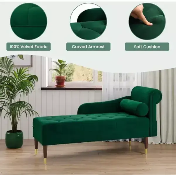 Velvet Chaise Longue Home Office Room Lounge Sofa w/Left Armrest&Lumbar Pillow