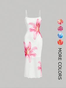 Women's Floral Print Cami Dress, Chic Elegant Aesthetic Slim Sleeveless Spaghetti Strap Bodycon Dress for Party Holiday Wedding, Ladies Clothes for Summer, Fashion Dress, Womenswear, Elegant Classy Flattering, Tulle Overlay Dress, Pink And White
