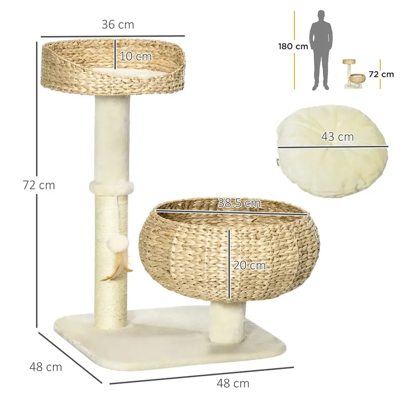 72cm Cat Tree Kitten Tower, with Sisal Scratching Post, Two Beds, Toy Ball 2