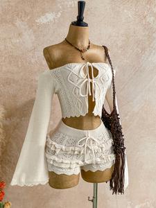 Boho Knit Two-Piece Set, Feminine Casual Off-Shoulder Flare Sleeve Top and Ruffle Shorts, Summer for Beach Vacation, Music Festivals, Dates