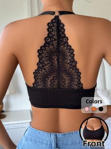 Women's Solid Contrast Lace Adjustable Strap Halter Bra, Adjustable Strap Push Up Backless Bra, Soft Comfortable Breathable Lingerie for All Seasons