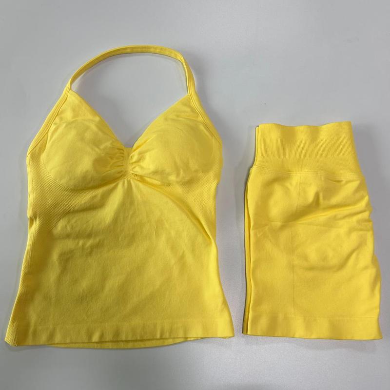 Product Introduction of 2Pcs  Gym Set Women Backless Tank Tops High Waist Scrunch Seamless Shorts Gym Suit Fitness Clothes Activewear Workout Sets 26