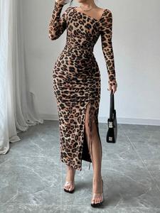 Women's Leopard Print Ruched Drawstring Split Thigh Bodycon Dress, Fashion Asymmetrical Neck Long Sleeve Dress for Party Club Dating Wear, Women Dress for Spring Fall, Formal Wear,  Womenswear