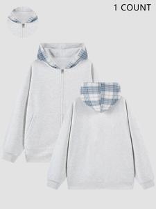 Men's Plaid Patchwork Drop Shoulder Zip Up Hoodie, Casual Loose Long Sleeve Pocket Hooded Sweatshirt for Spring & Fall, Fashion Men's Clothes for Daily Wear
