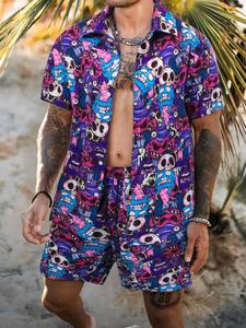 Men's Regular Fit Skull Print Short Sleeve Button Up Shirt & Shorts Two-Piece Set, Casual Fashion Cozy Breathable Outfits for Summer, Men Clothes Set for Beach Vacation, Halloween
