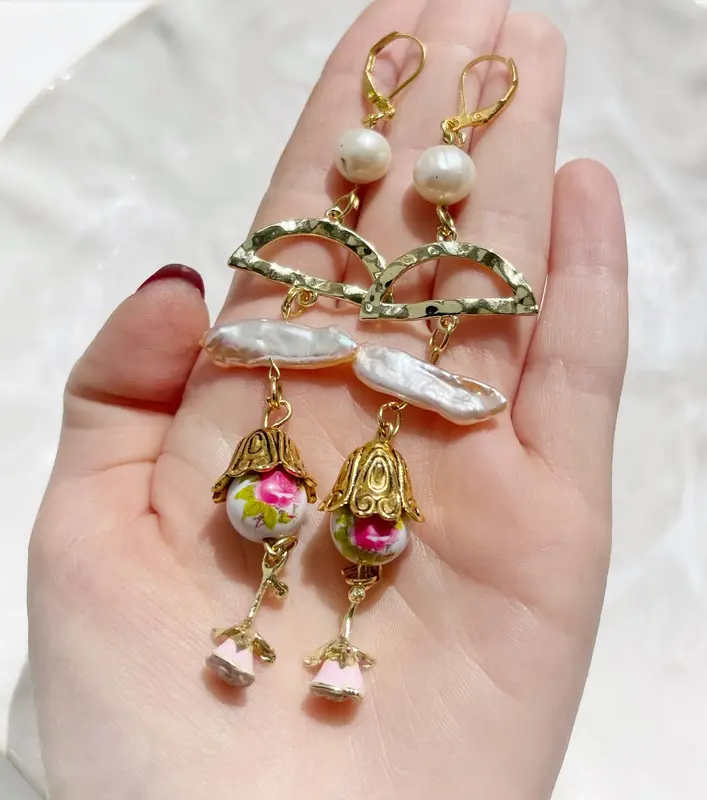 Pearl drop earrings with rose flower charm, white freshwater pearl dangle earrings, statement earrings, summer earrings 8