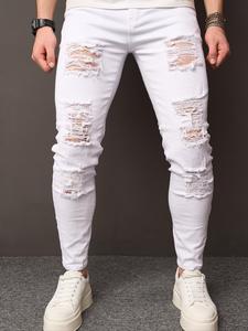 Men's Plain Ripped Slim Jeans, Casual Comfy Breathable Denim Pants for Daily Wear, Fashion Men's Bottoms for All Seasons, Cotton