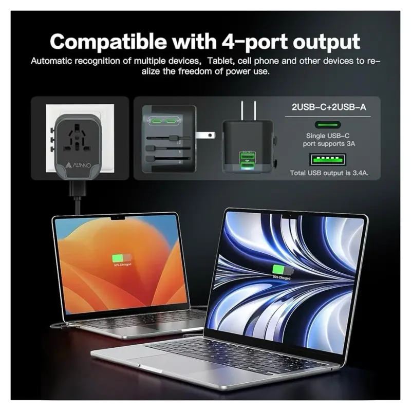 AUNNO Universal Travel Adapter, International Travel Plug Adapter with 2 USB-C and 2 USB Ports, All in One Plug Adaptor with Dual Safety Fuses, UK to European Plug Adaptor 1