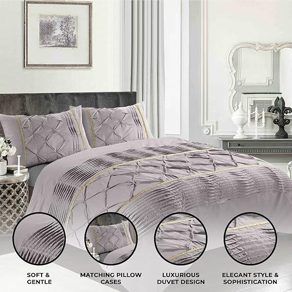 Luxury Antoinette Damask Floral Duvet Cover Set – Reversible Polycotton Quilt Cover for Double and King Size Beds, Eleanor Pintuck Stripes Design, Soft 200 Thread Count, Easy Care Summer Bedroom Décor, Buttons Closure, Includes Duvet and Pillow Cases 8