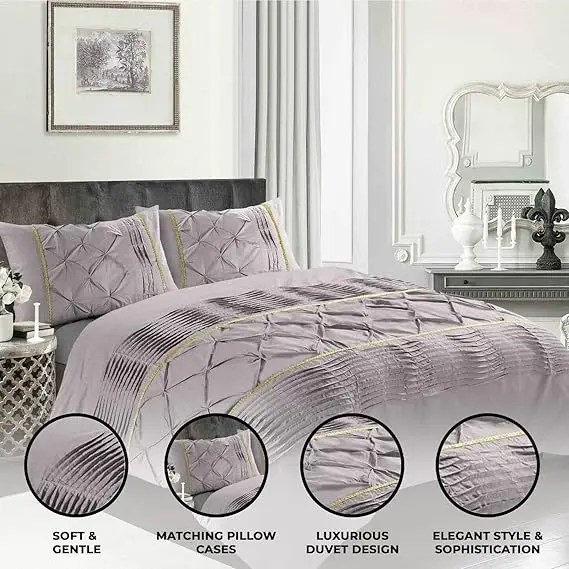 Luxury Antoinette Damask Floral Duvet Cover Set – Reversible Polycotton Quilt Cover for Double and King Size Beds, Eleanor Pintuck Stripes Design, Soft 200 Thread Count, Easy Care Summer Bedroom Décor, Buttons Closure, Includes Duvet and Pillow Cases 8