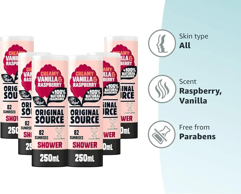 Original Source Vanilla & Raspberry Shower Gel, 100 Percent Natural Fragrance, Vegan, Cruelty Free, Paraben Free, Bulk Buy, Pack of 6 x 250 ml 4