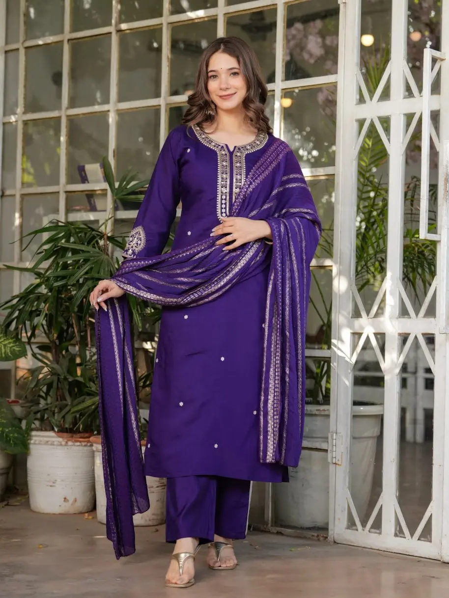Prushti Presents Women's Viscose Chanderi Kurta Set with Embroidery, Suit with Dupatta - Dress, Bottom Pants Kurti, Women's Wear