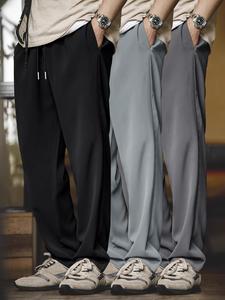 Men's Solid Color Drawstring Waist Pants, Loose Casual Comfy Breathable Slant Pocket Design Straight Leg Draped Trousers for Summer, Men's Bottoms for Daily Wear