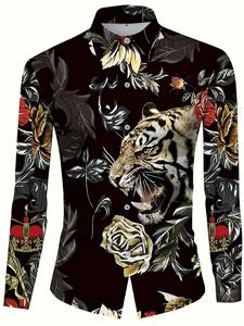 Men's Regular Fit Tiger & Rose Print Long Sleeve Shirt, Casual Comfy Collared Top for Spring & Fall, Fashion Men's Clothes for Daily Wear