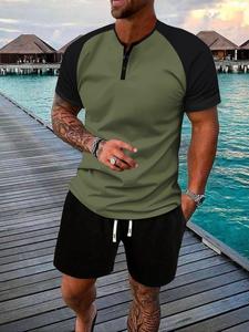 Men's Colorblock Tee & Plain Drawstring Pocket Shorts Set, Regular Fit Soft Comfort Casual Two-piece Set, Menswear, Shortsleeve, Masculine Tropical Clothes, Casual Fashion Set, Casual Matching Set, Summer Outfits Set