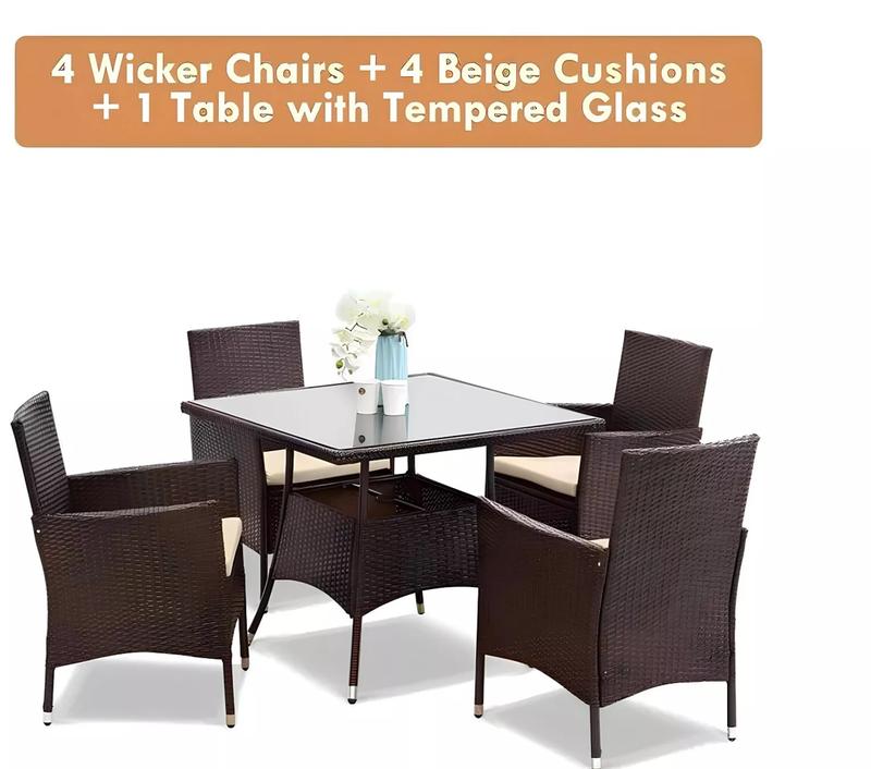 Brown Rattan Patio Dining Set for 4 with Glass Top 4