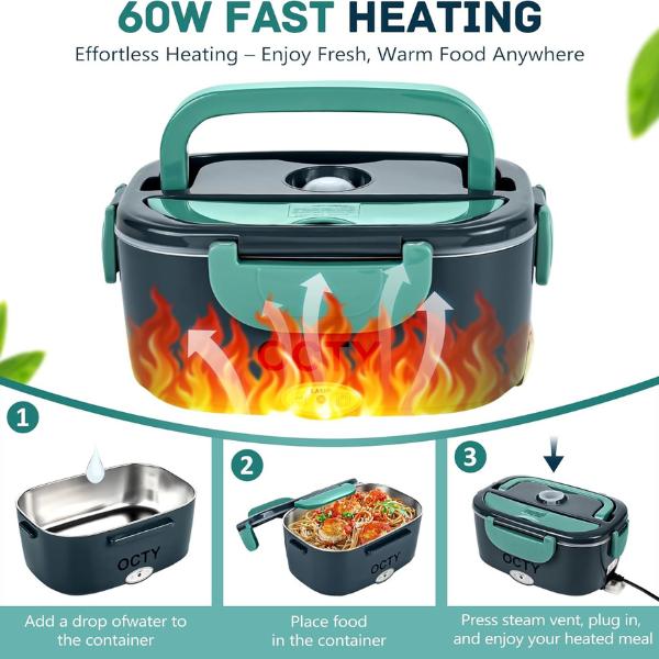 Product Introduction of [UK Seller] Electric Lunch Box pack - Portable Food Warmer for Tableware, Car, Truck, Office & Camping - 3-in-1 Heated Lunch Box with UK Plug - Container, Steel - Dark Green 10