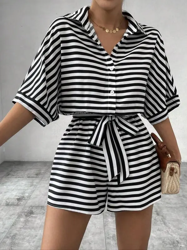 Women's Striped Print Romper, Casual Belted Romper for Summer, Fashion Women's Clothes for Daily Wear 3