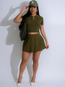 Women's Solid Color Polo Neck Crop Top & Pleated Skirt Two-piece Set, Casual Short Sleeve Crop Top & High Waist Skirt for Summer, Ladies Clothes for Daily Wear, Womenswear, Outfit