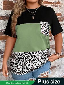 Plus  Size Leopard Patchwork Print Pocket Round Neck Tee, Casual Short Sleeve T-shirt for Summer, Women's Plus Clothing for Daily Wear, Summer Clothes