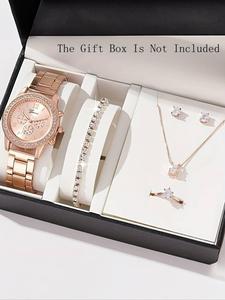 Women's Elegant Rhinestone Decorated Quartz Watch & Jewelry Set (6pcs/set), Exquisite Trendy Wristwatch & Dangle Earrings & Pendant Necklace & Ring & Bracelet, Gift Box Not Included