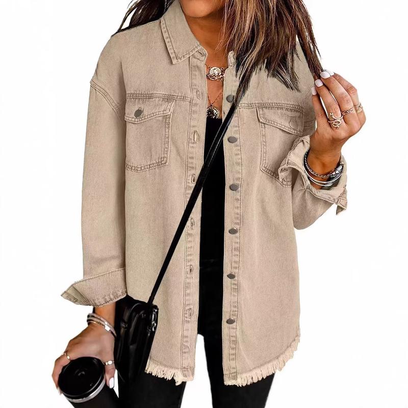 Product Introduction of Women's Denim Coat with Wiped Edge and Pockets - Pure Color Single-Breasted Cardigan Jacket for Loose Fit - Womenswear, Tops 13