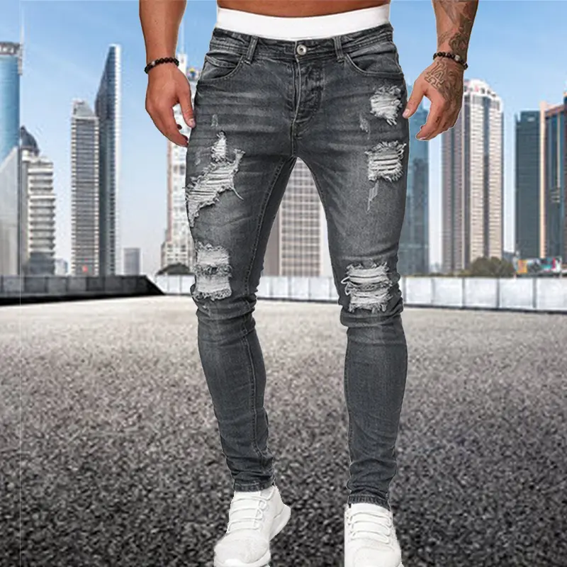 Fashion Street Style Ripped Skinny Jeans Men Vintage wash Solid Denim Trouser Mens Casual Slim fit pencil denim Pants hot sale Menswear Streetwear Pocket Beige 1
