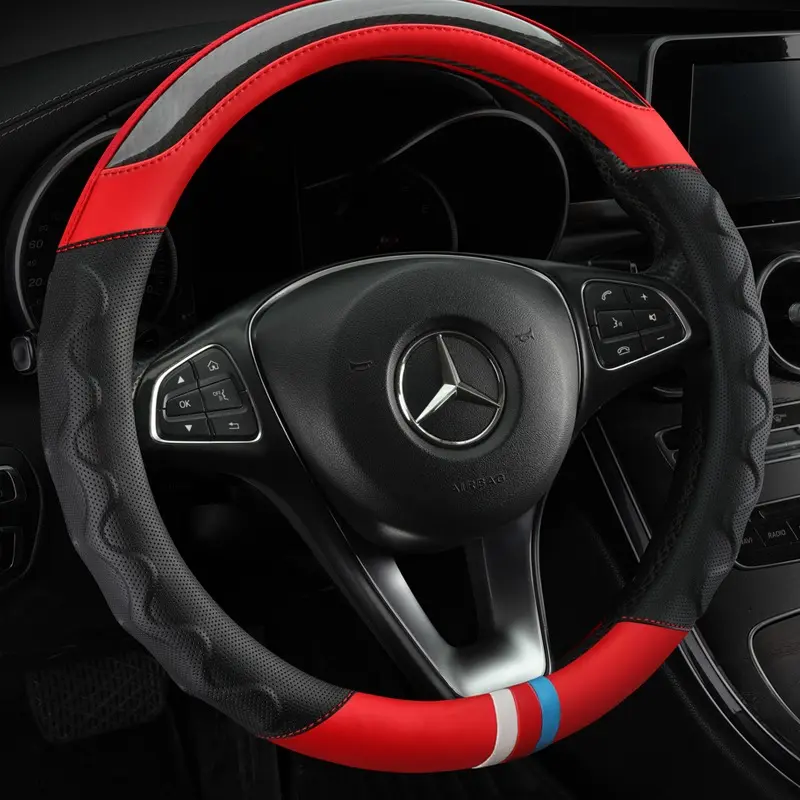 UNIVERSAL CAR STEERING WHEEL COVER ANTI-SLIP RED MESH RUBBER & CARBON 15"/38CM taxi uber and amazon flex driver upgrade stylish 2