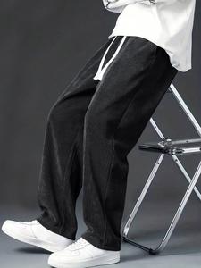 Men's Solid Drawstring Waist Corduroy Pants, Loose Casual Comfy Straight Leg Trousers for Fall & Winter, Men's Bottoms for Daily Wear
