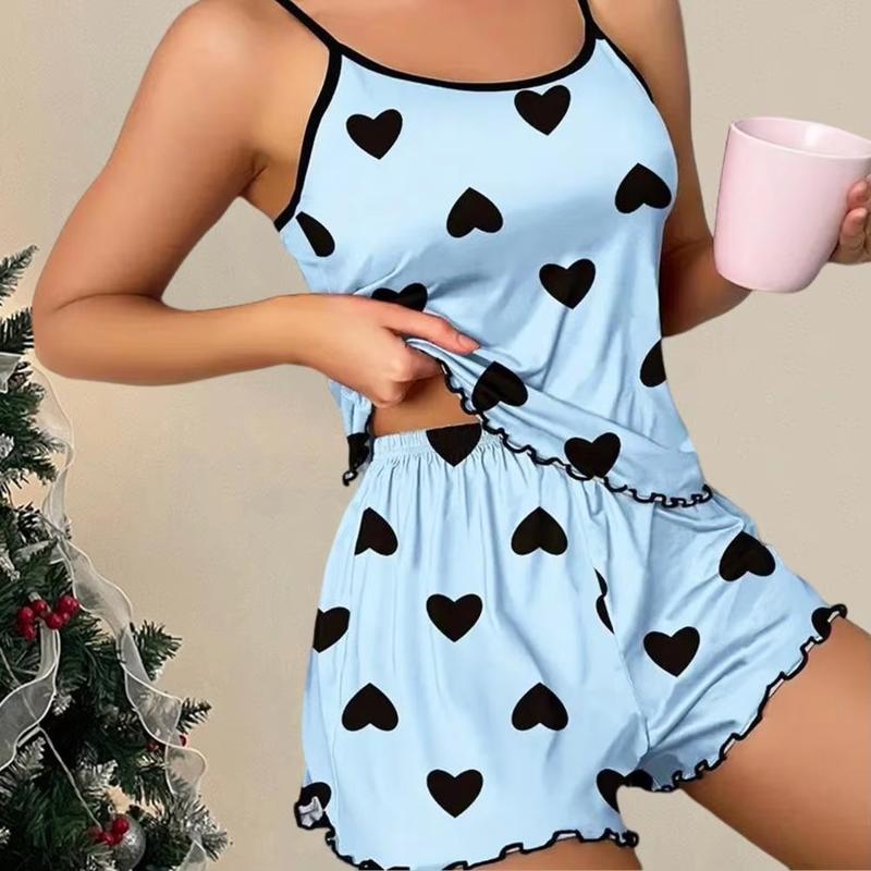 Women's Pajama Set Pajamas T-Shirts Shorts Pink Heart-Shaped Print Round Neck T-Shirt Ice Silk Top Comfortable Casual Summer 3