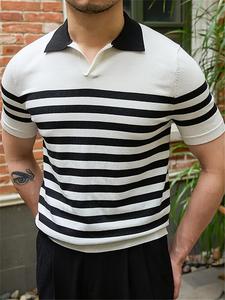 Men's Striped Print Polo Shirt, Regular Fit Casual Short Sleeve Collared Top for Summer, Fashion Men's Clothes for Daily Wear, Tropical