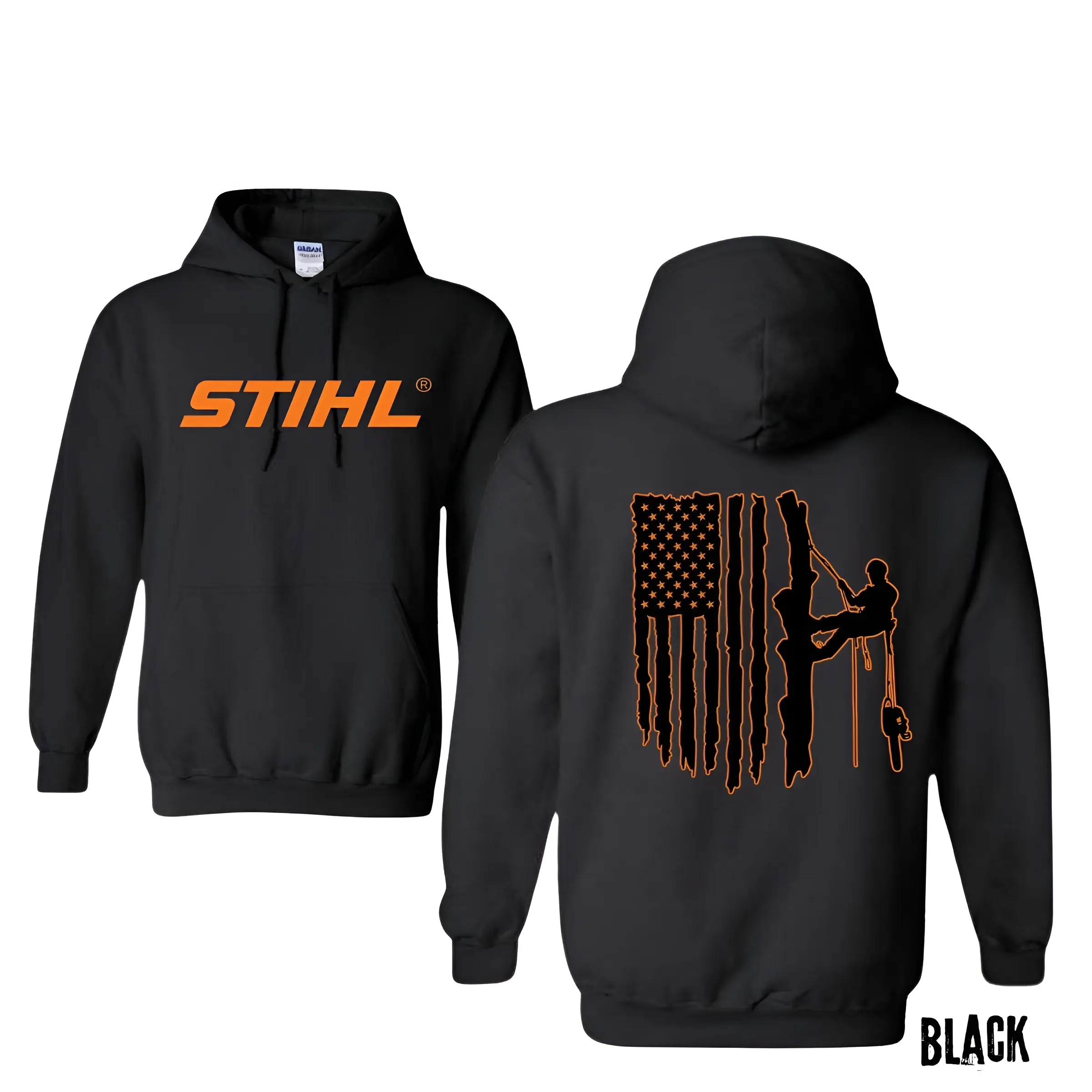 STIHL logo Hoodie -Tree Arborist Tree Cutter Climbing, Silhouette - American flag Shirt Longsleeves Sweatshirts Pullover Menswear