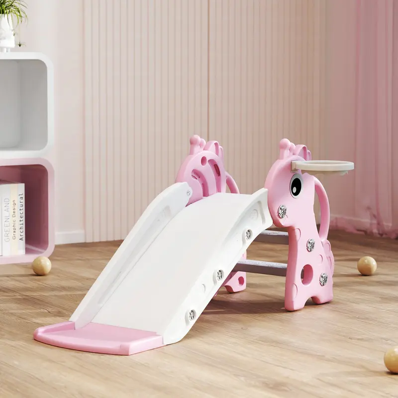 AIYAPLAY 3 in 1 Kids Slide with Climber, Basketball Hoop and Ball, Giraffe Shape Climber Slide for Indoor Kids Age 1-3, Pink 8