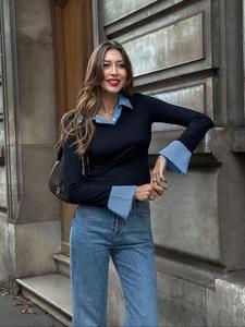 Women's Patchwork 2 in 1 Blouse, Casual Chic Fitted Long Sleeve Collared Top for Spring & Fall, Women's Longsleeves Clothing for Daily Wear, Womenswear